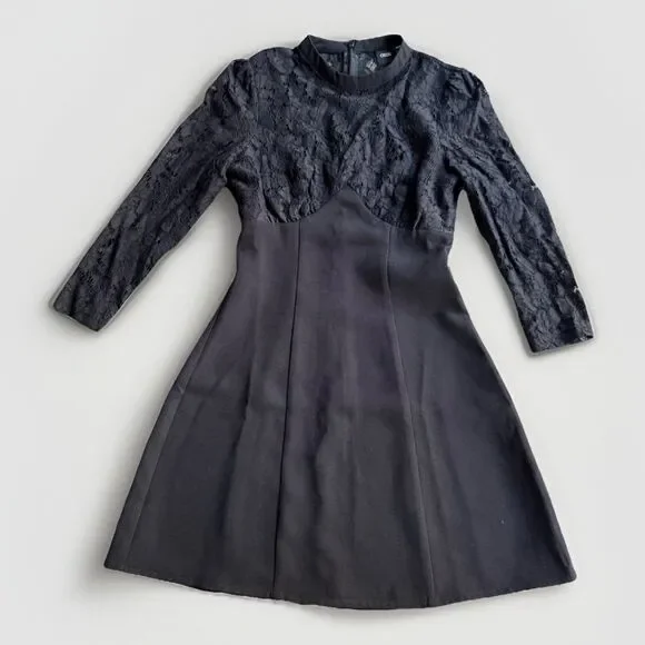 ASOS Mini Dress Black Sz 0 High Neck Skate Lace Insert & Lace Sleeves Stretch - Picture 9 of 16